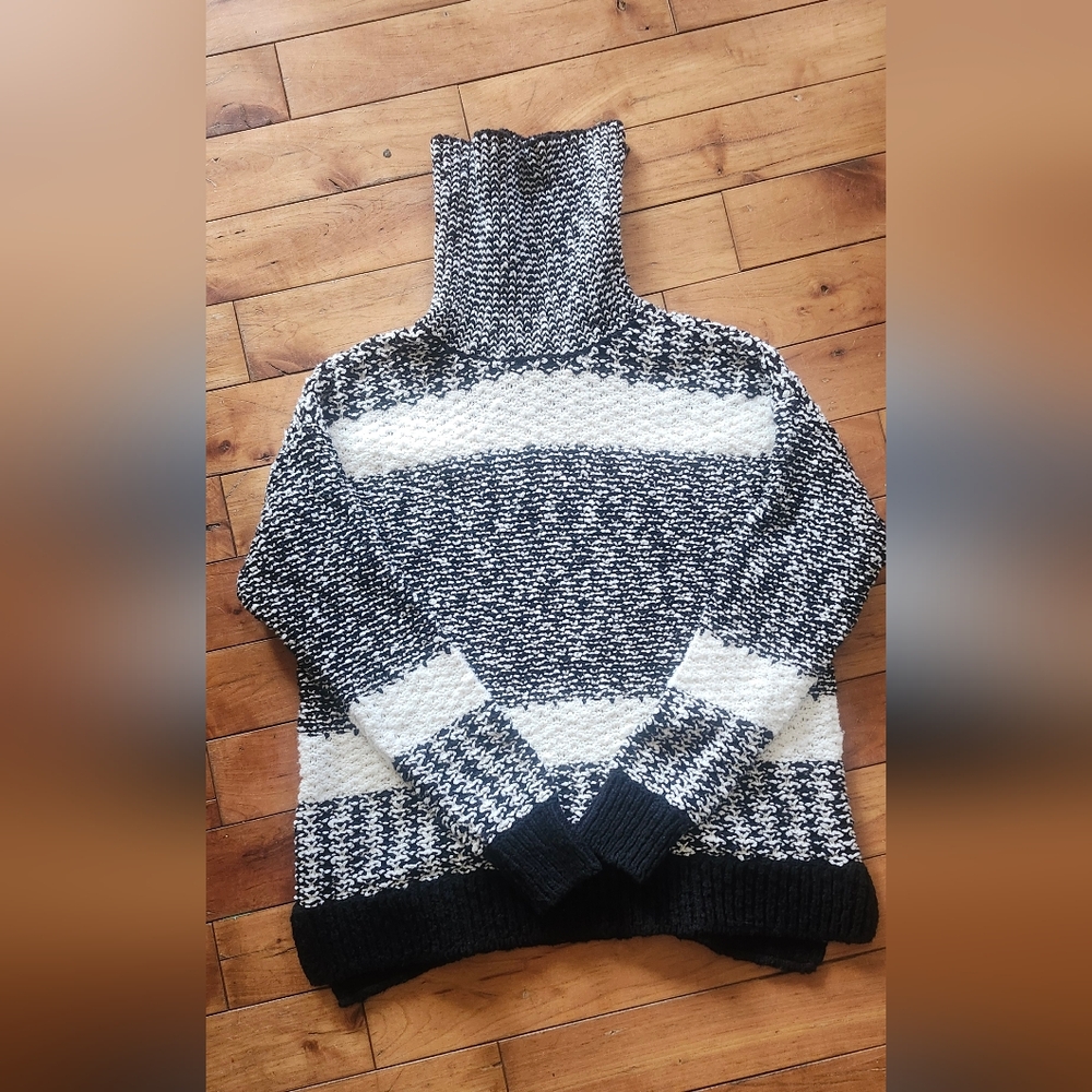 Black and White Striped Turtleneck Sweater